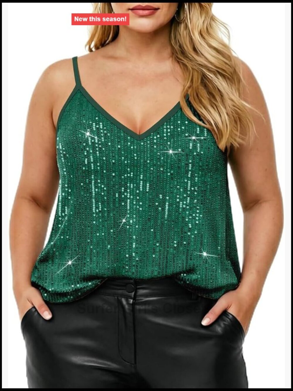Plus Size Sequin Tank Top V-Neck Sleeveless Glitter Party Cami with Adjustable
